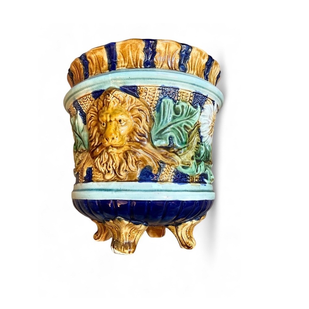 Antique French Majolica Jardiniere Planter Pot Vase Large Lion Footed Navy Green